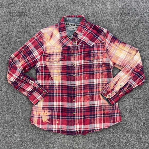DISOHRTED Tops - DISOHRTED Shirt Womens S Red Plaid Cotton Flannel Long Sleeve Upcycled Grunge